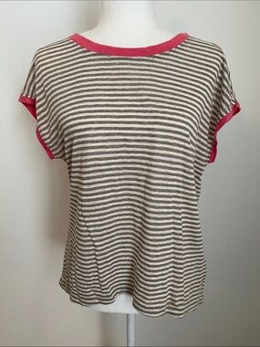 Eileen Fisher Taupe White Striped Linen Tee with Pink Coral Trim XS short sleeve